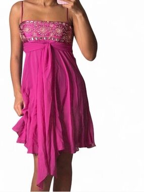 100% Silk BCBGMaxAzria Fuchsia Embellished Spaghetti Strap Mini Dress